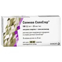 Купить: Соликва Солостар 100 ЕД/мл + 33 мкг/мл 3 мл 3 шт шприц раствор для подкожного введения
