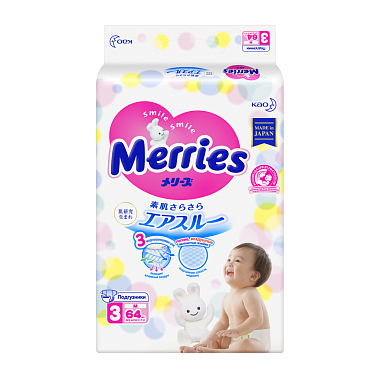 Купить Merries 64 шт подгузники для детей размер M (6-11 кг)