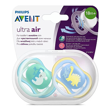 Купить Philips Avent Ultra Air SCF349/11 2 шт соска-пустышка силиконовая ортодонтическая 18+ мес динозаврик и коала